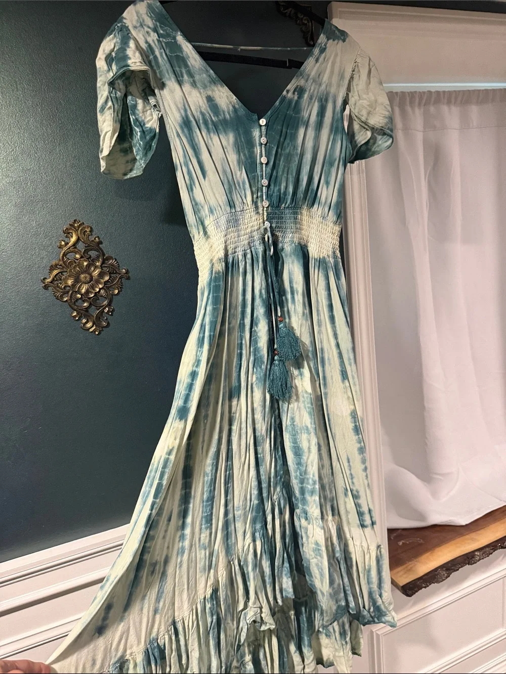 Boho V-Neck Tie-Dye Maxi Dress in Teal and Cream
